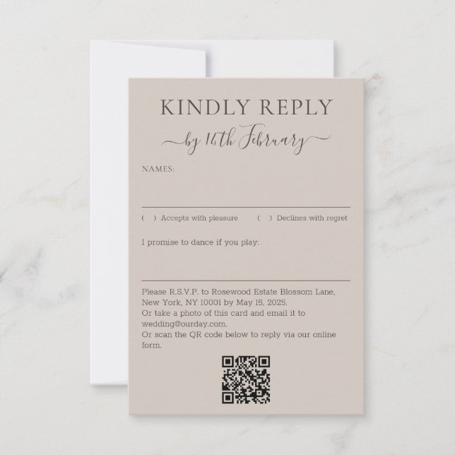 Cartons Réponse Code QR de signature beige doux de mariage Répondr (Devant)