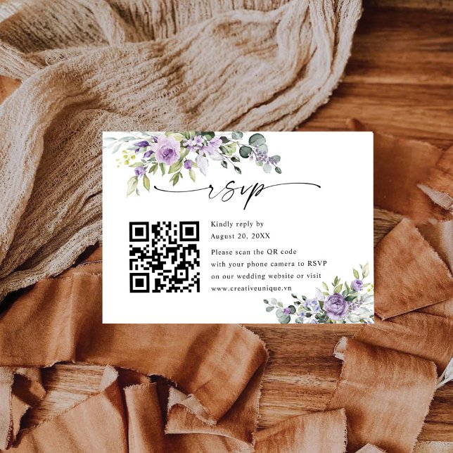 Cartons Réponse Code QR de site web de mariage floral pourpre élég (Créateur téléchargé)