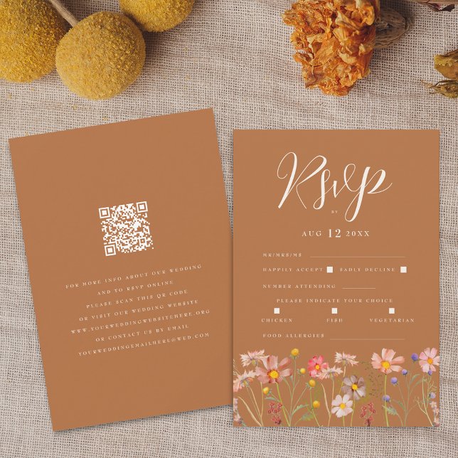 Cartons Réponse Code QR des options de repas floraux boho en terre (Terracotta boho fall floral wedding rsvp with website qr code Watercolor wildflowers elegant script)