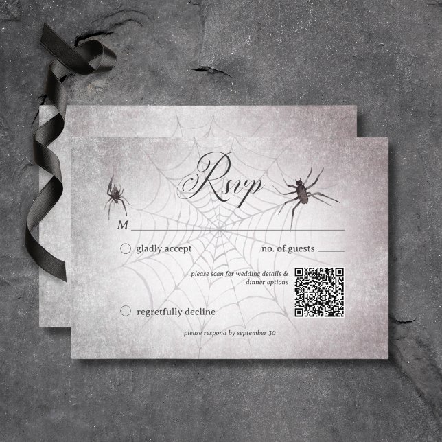 Cartons Réponse Code QR d'Halloween gothique rustique noir et bord (Rustic Gothic Black & Burgundy Halloween Wedding Response Card with QR Code)