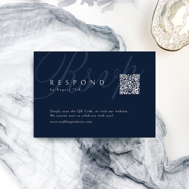 Cartons Réponse Code QR du Mariage d'élégance classique de la mari (Navy Classic Elegance Calligraphy Wedding QR code RSVP Card)