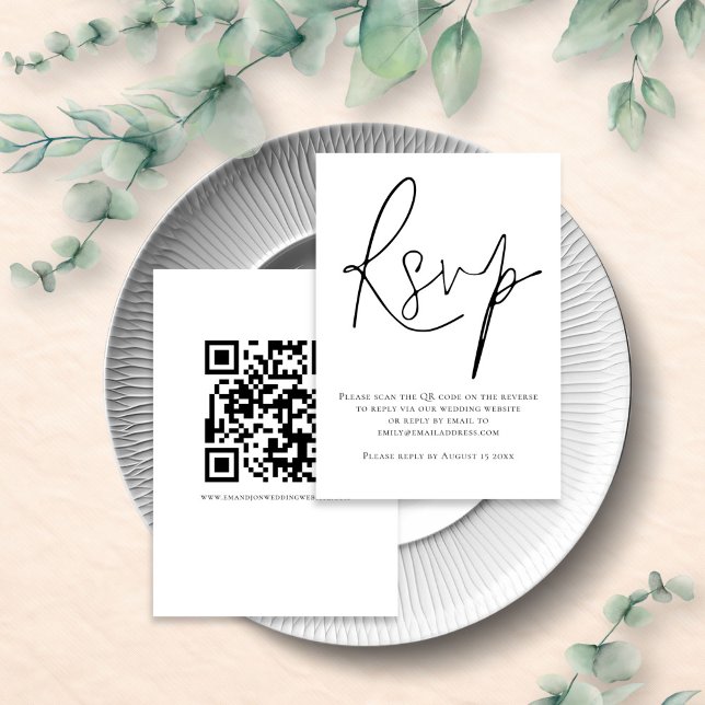 Cartons Réponse Code QR écriture élégante Mariage Noir Blanc (front and back view)