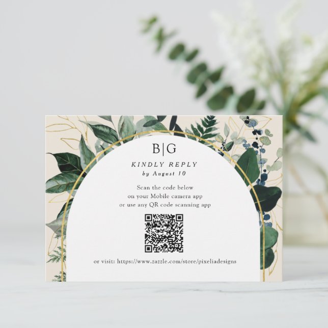 Cartons Réponse Code QR Elégant Beige Moderne Botanique Vert (Debout devant)