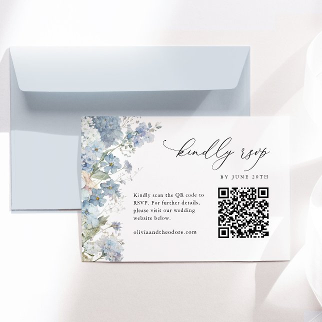 Cartons Réponse Code QR Élégant Fleurs Bleu Poussiéreux Mariage (Dusty blue floral wedding RSVP card QR code watercolor elegant response card wedding stationery)
