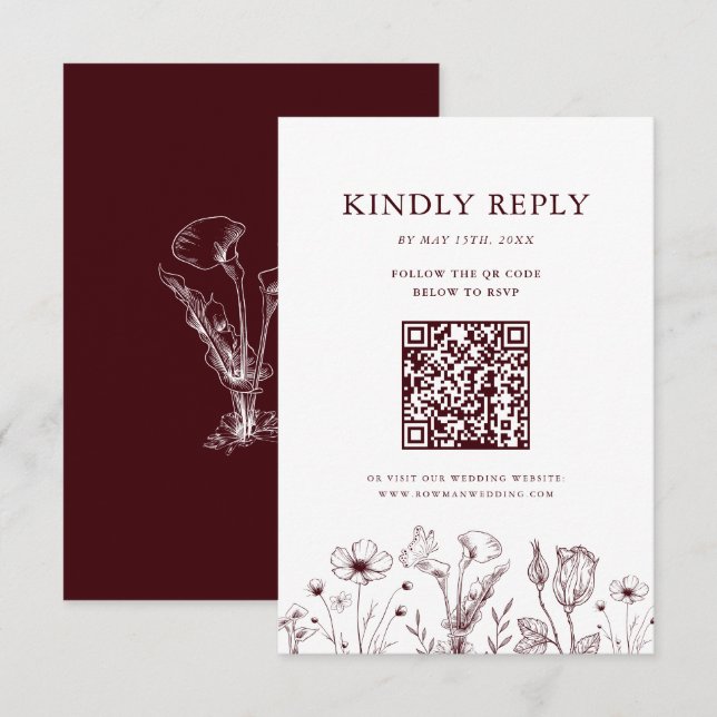 Cartons Réponse Code QR Élégant Fleurs Bordeaux pour Mariage (Devant / Derrière)