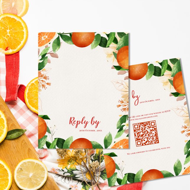 Cartons Réponse Code QR élégant Mariage d'automne Citron Orange (Elegant QR Code Citrus Orange Autumn Fall Wedding RSVP Card)
