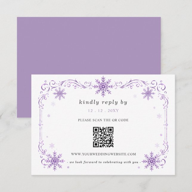 Cartons Réponse Code QR Élégant Mariage d'Hiver Flocons de Neige V (Devant / Derrière)