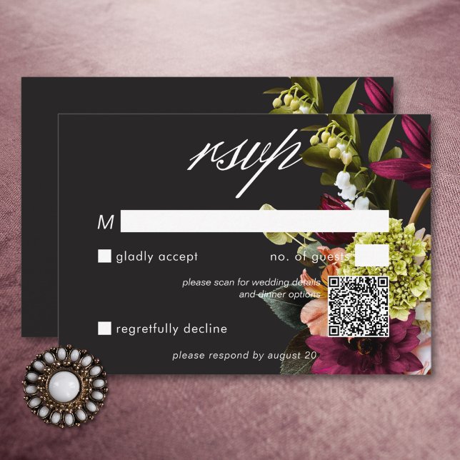 Cartons Réponse Code QR élégant Moody Bourgogne et rose floral (Elegant Moody Burgundy & Pink Floral QR Code RSVP Card)