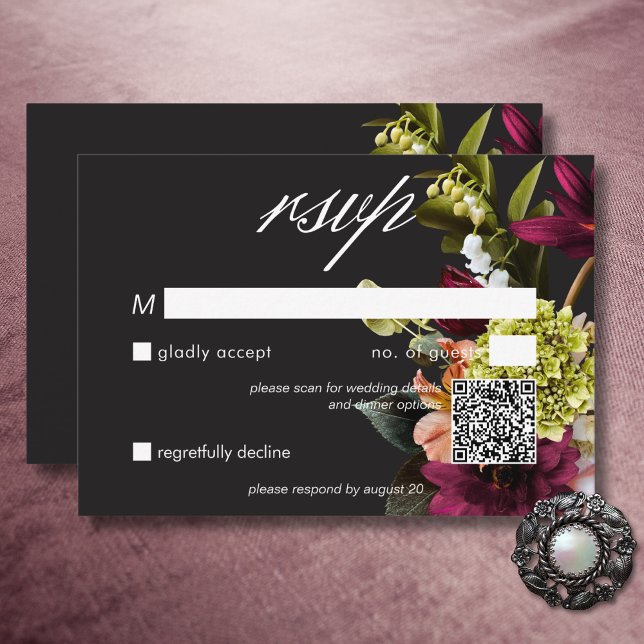 Cartons Réponse Code QR élégant Moody Bourgogne et rose floral (Elegant Moody Burgundy & Pink Floral QR Code RSVP Card)