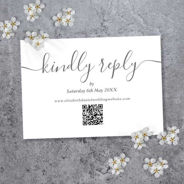 Cartons Réponse Code QR Élégant Script Veuillez Répondre Gris Et B (QR Code Elegant Script Kindly Reply Gray And White RSVP Card)