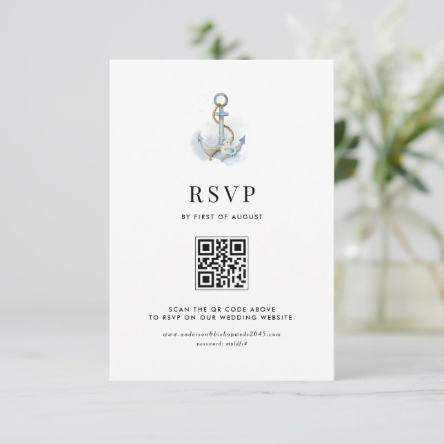 Cartons Réponse Code QR Fleur Bleue Ancre Nautique Aquarelle (Debout devant)