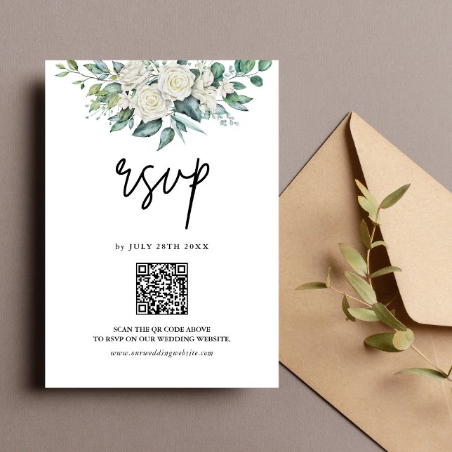 Cartons Réponse Code QR Fleurs de la Rose Blanche pour Mariage (White rose greenery QR RSVP card makes responses easy while adding elegant convenience.)