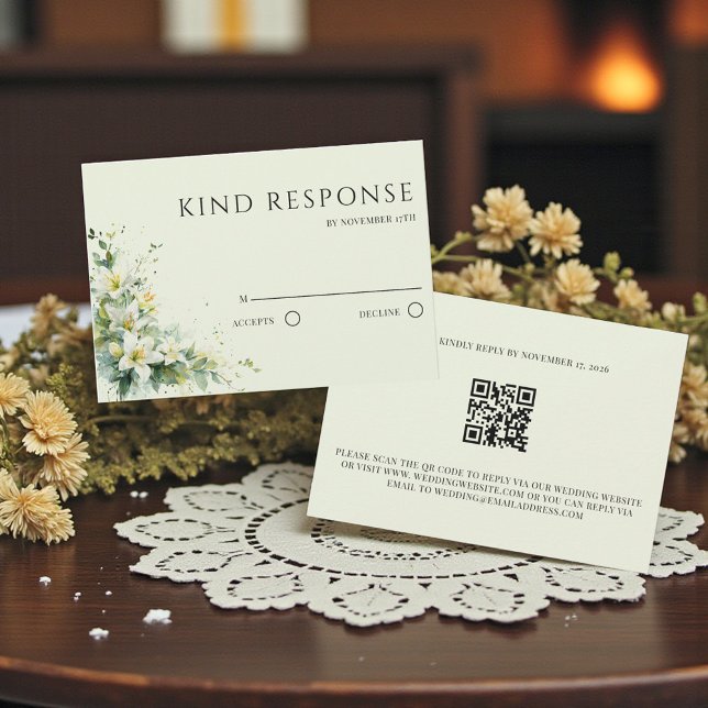 Cartons Réponse Code QR Fleurs de Lys Vallée Vert Sauge Mariage (Sage Green Lily Valley Floral QR Code Wedding RSVP Card)
