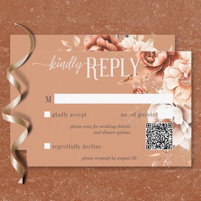 Cartons Réponse Code QR floral Boho Terracotta pêche et crème (Boho Terracotta Peach & Cream Floral QR Code RSVP Card)