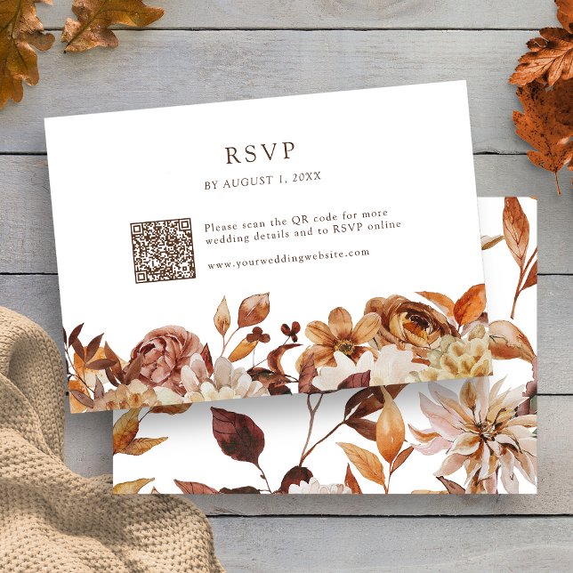 Cartons Réponse Code QR Floral Feuilles d'Automne (Modern Fall Leaves Floral QR Code RSVP Card by Painted Paperie
)