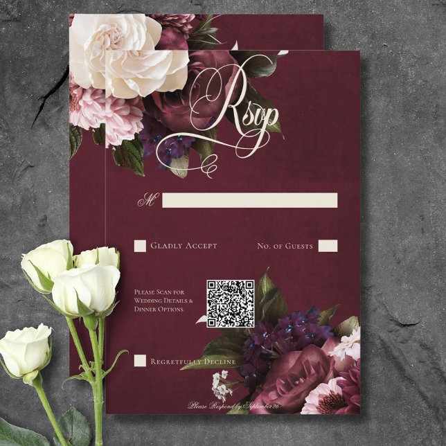 Cartons Réponse Code QR floral foncé et bordeaux et crème (Dark Elegant Burgundy & Cream Floral QR Code RSVP Card)