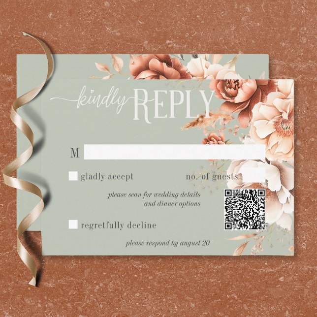 Cartons Réponse Code QR Floral Vert Crème Abricot Terracotta Bohèm (Boho Terracotta Peach Cream Floral Green QR Code RSVP Card)