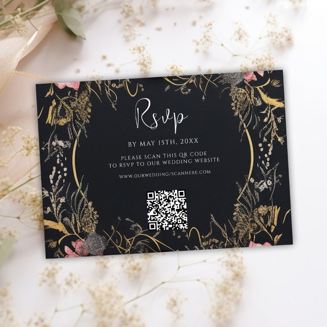 Cartons Réponse Code QR gothique Crâne Mariage floral (Gothic QR Code Skull Floral Wedding RSVP Card)