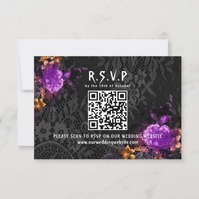 Cartons Réponse Code QR gothique Mariage d'Halloween floral violet (Devant)