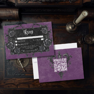 Cartons Réponse Code QR Gothique Noir Corbeau & Roses Violettes