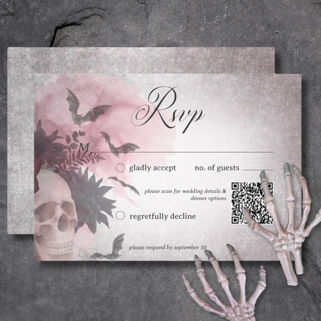 Cartons Réponse Code QR gothique noir et bordeaux crâne et araigné (Gothic Black & Burgundy Skull & Spider QR Code RSVP Card)