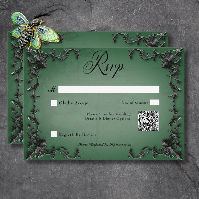 Cartons Réponse Code QR gothique noir et vert en fibre de coeur (Gothic Black & Green Filigree Heart QR Code RSVP Card)