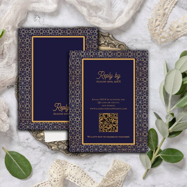 Cartons Réponse Code QR mariage à motif complexe bleu or (Blue Gold Intricate Design Wedding QR Code RSVP Card)