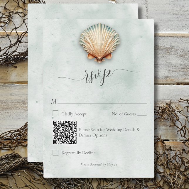 Cartons Réponse Code QR Mariage Aqua Coastal Seashell (Modern Coastal Seashell Aqua Wedding QR Code RSVP Card)