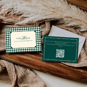 Cartons Réponse Code QR Mariage Argent Ancien Damier Vert Emeraude