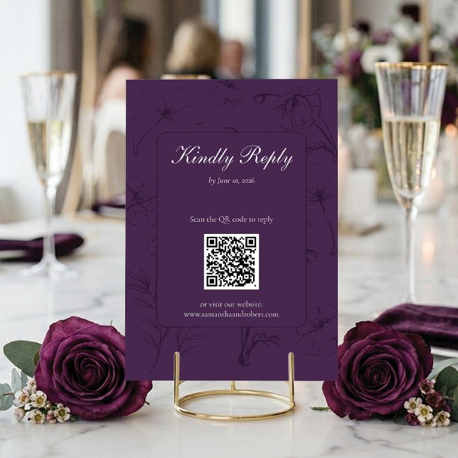 Cartons Réponse Code QR Mariage Art Linéaire Fleur Pourpre Élégant (Beautifully modern RSVP. Scan the QR code and say yes! 🥂)