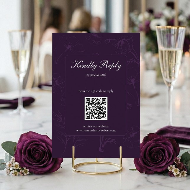 Cartons Réponse Code QR Mariage Art Linéaire Fleur Pourpre Élégant (Beautifully modern RSVP. Scan the QR code and say yes! 🥂)