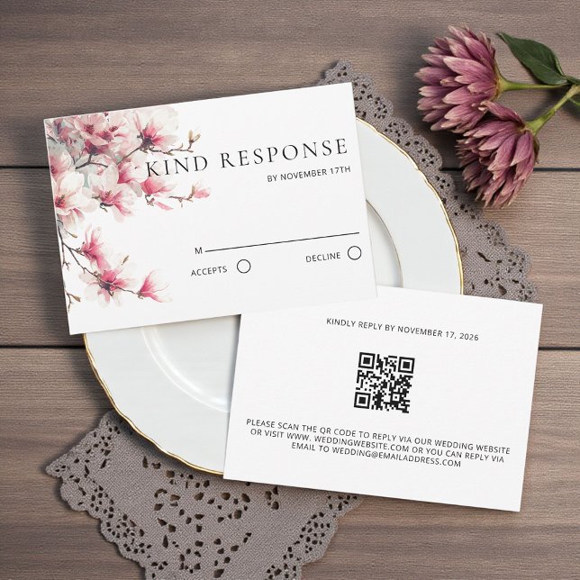Cartons Réponse Code QR mariage au magnolia rose aquarelle  (Créateur téléchargé)