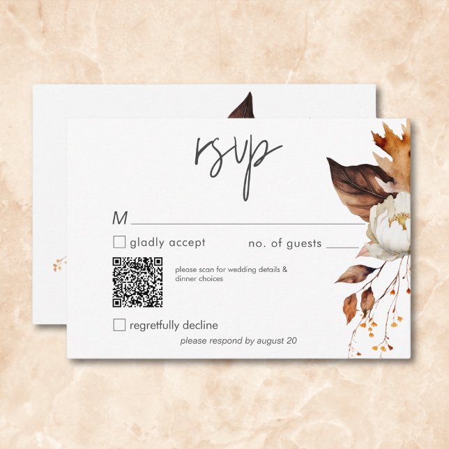 Cartons Réponse Code QR Mariage de cadre Floral Neutre Automne Mod (Modern Fall Neutral Floral Frame Wedding QR Code RSVP Card)