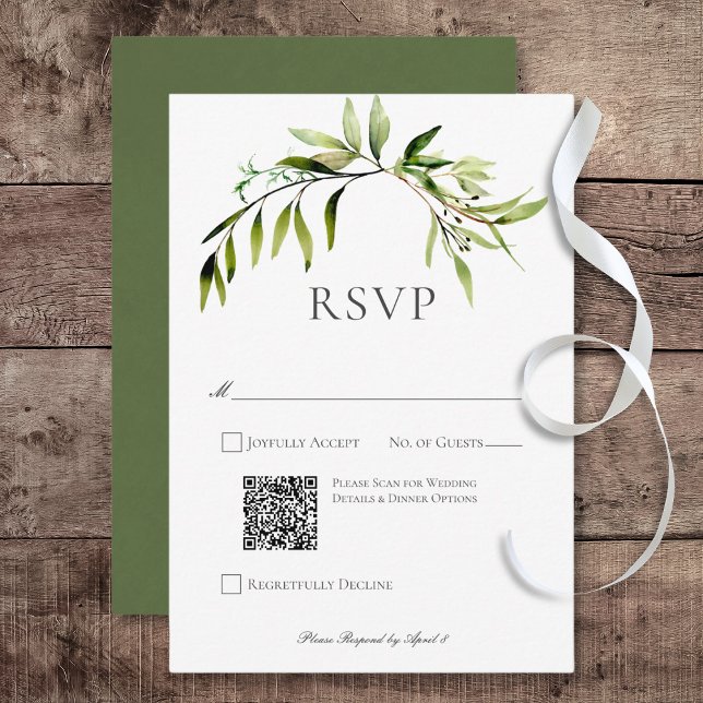 Cartons Réponse Code QR Mariage de la canne rustique de verdure bo (Rustic Botanical Greenery Bough Wedding Response Card with QR Code)