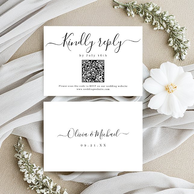 Cartons Réponse Code QR mariage de script simple moderne (Modern simple elegant script wedding QR code RSVP Card)