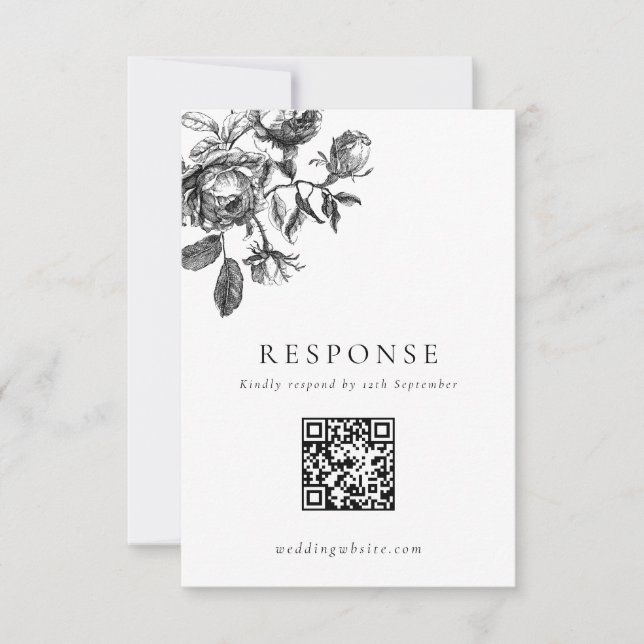 Cartons Réponse Code QR Mariage de Toile Florale Noir & Blanc (Devant)