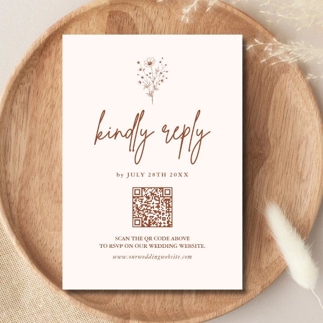 Cartons Réponse Code QR Mariage Élégant Bohème Couleur Orange Brûl (Rustic burnt orange boho QR code RSVP card lets guests reply easily with warm personalized charm)