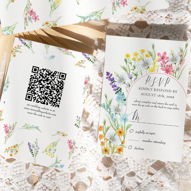 Cartons Réponse Code QR Mariage fleur sauvage Meadow Arch (RSVP card with traditional form and online rsvp QR code - Wildflower Meadow collection)