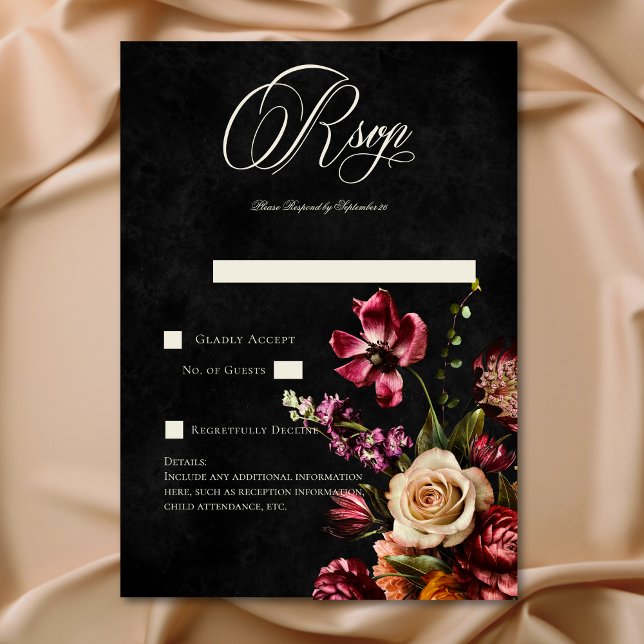 Cartons Réponse Code QR Mariage floral foncé à l'automne (Dark Elegant Autumn Floral Wedding QR Code RSVP Card)