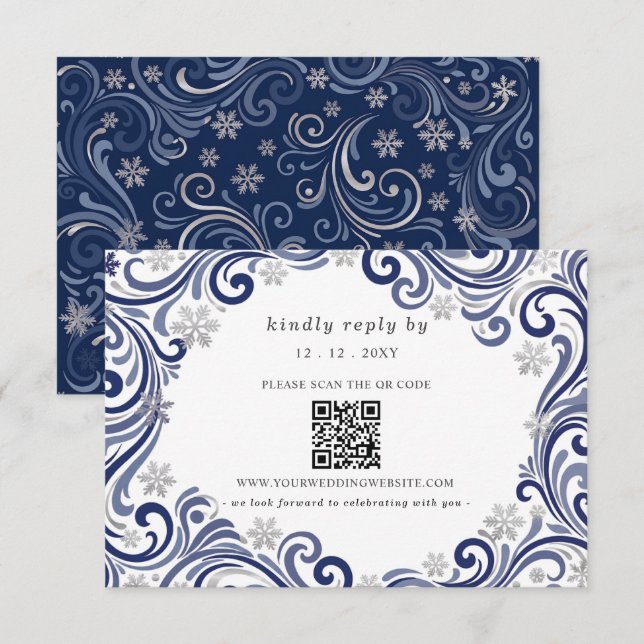 Cartons Réponse Code QR Mariage Hiver Flocons de Neige Navy Argent (Devant / Derrière)