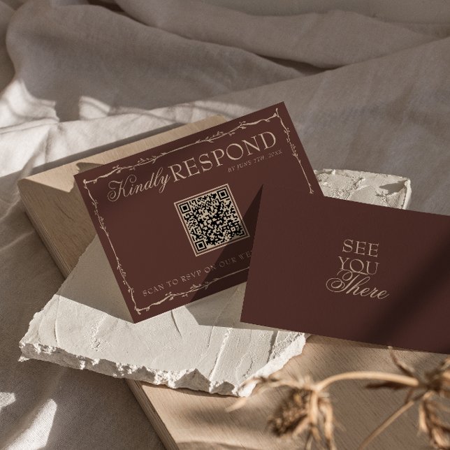 Cartons Réponse Code QR mariage marron chocolat floral Old Money (Créateur téléchargé)