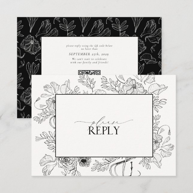 Cartons Réponse Code QR Mariage noir noir élégant (Devant / Derrière)