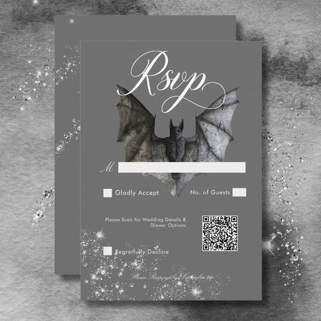 Cartons Réponse Code QR Mariage pour chaume et diamants d'Hallowee (Dark Halloween Glam Bat & Diamonds Wedding QR Code RSVP Card)