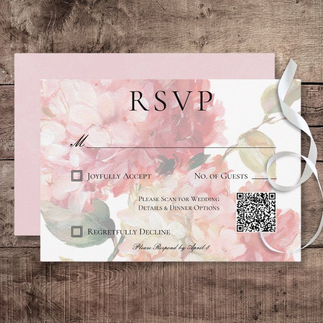 Cartons Réponse Code QR Mariage rose moderne (Modern Pink Blush Hydrangea Wedding Response Card with QR Code)