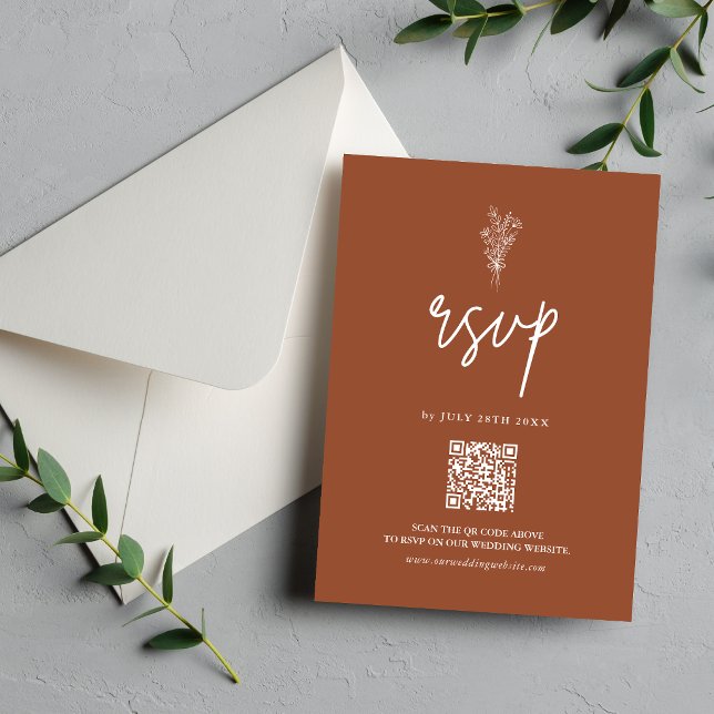 Cartons Réponse Code QR Mariage Rustique Terracotta Orange Brûlé (Terracotta burnt orange RSVP card with QR code makes replies easy and stylish.)