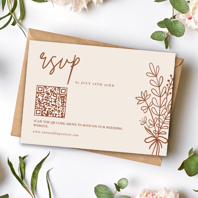 Cartons Réponse Code QR Mariage Terracotta Brûlé Orange Bohème (Boho terracotta QR code RSVP card simplifies guest replies with warm rustic charm.)