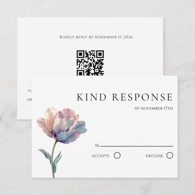 Cartons Réponse Code QR mariage tulipe rose violet aquarelle (Devant / Derrière)