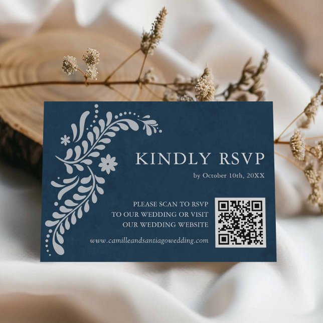 Cartons Réponse Code QR mexicain de Blue Talavera (Blue Talavera Mexican Wedding RSVP card)