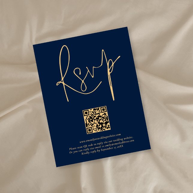 Cartons Réponse Code QR moderne Gold Marine Mariage de script bleu (Créateur téléchargé)