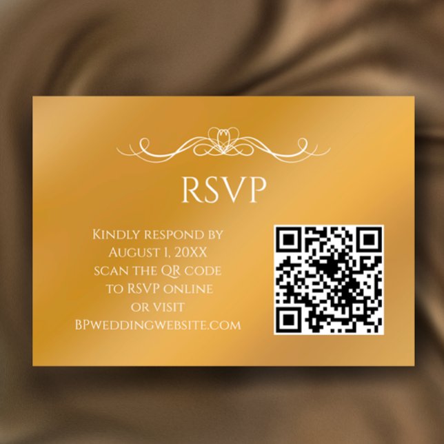 Cartons Réponse Code QR personnalisé avec dégradé doré moderne pou (Customize this faux gold gradient RSVP card with your QR code and elegant calligraphy script.)